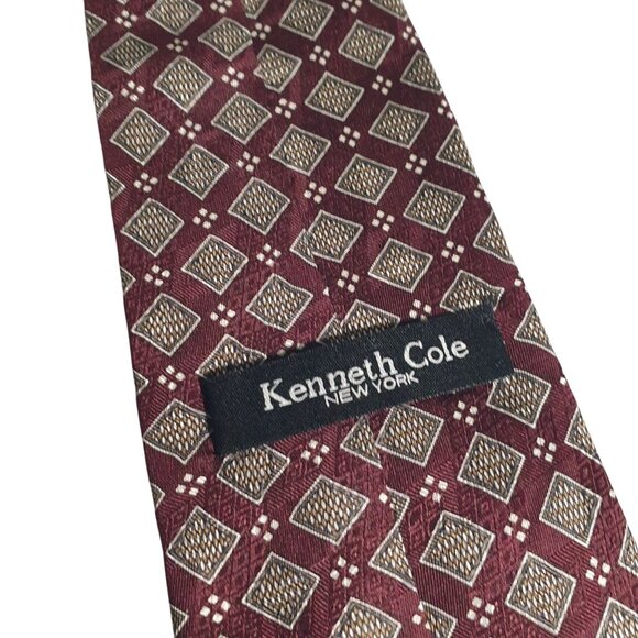 Kenneth Cole New York Tie Men Burgundy Diamond Pattern Silk Necktie Dad Gift - Picture 5 of 5